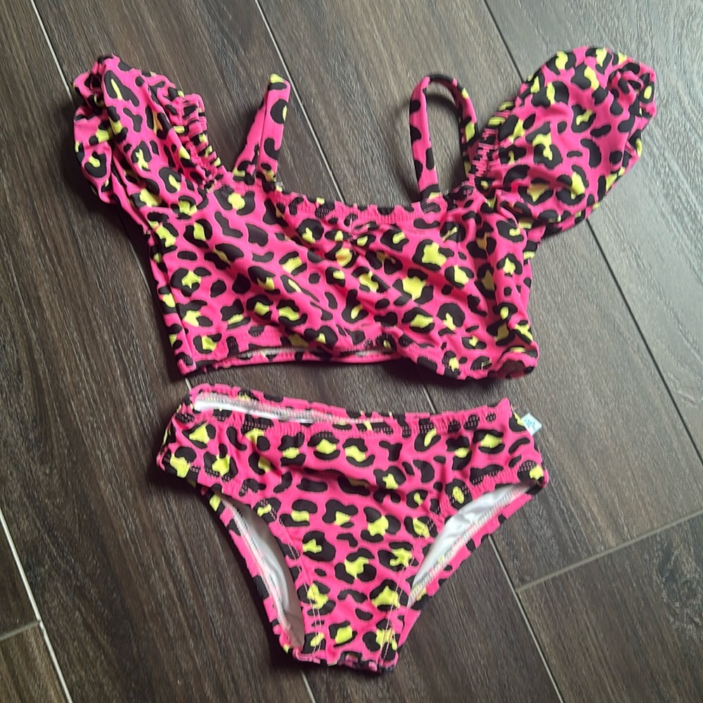 Posh Peanut Calista Puff Sleeved 2 Piece Swimset 3T Leopard Pink Ruffled